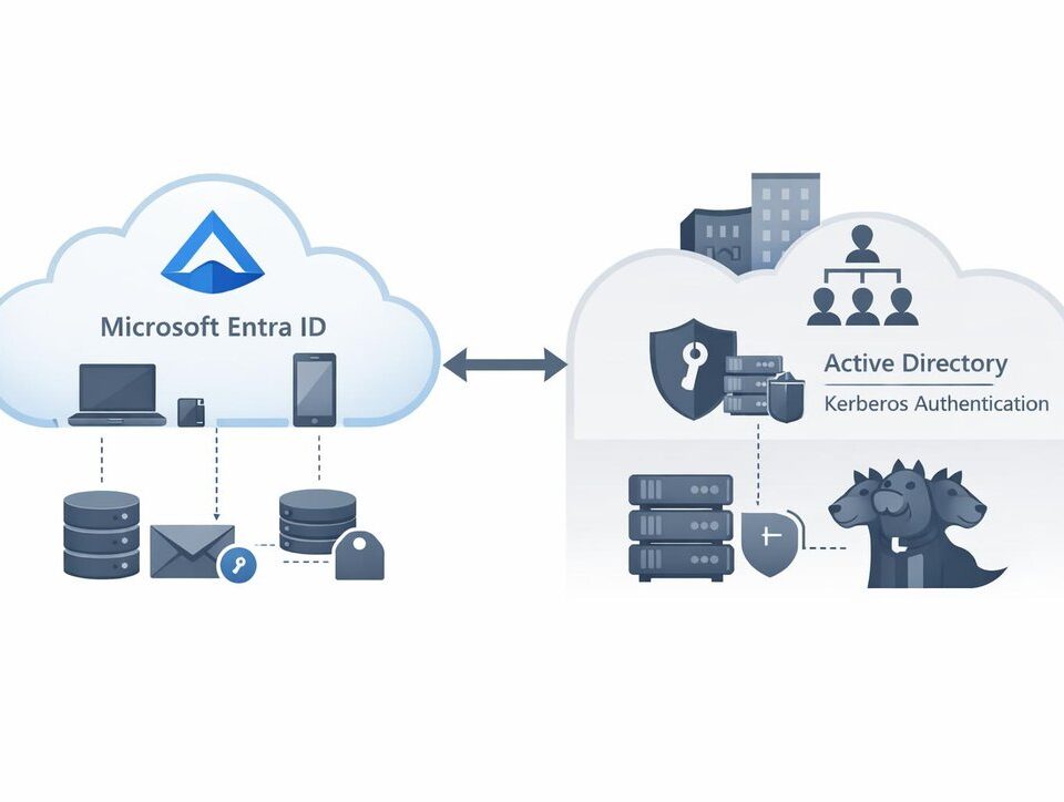 Cloud Kerberos Trust architecture diagram showing integration between Microsoft Entra ID, on-premises Active Directory, and Windows devices