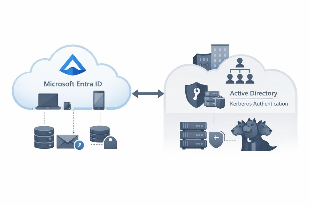 Cloud Kerberos Trust architecture diagram showing integration between Microsoft Entra ID, on-premises Active Directory, and Windows devices