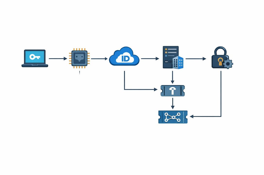 Detailed sequence diagram illustrating the complete Cloud Kerberos Trust authentication flow from user gesture through TPM, Microsoft Entra ID, to on-premises resource access with TGT and Service Ticket exchanges
