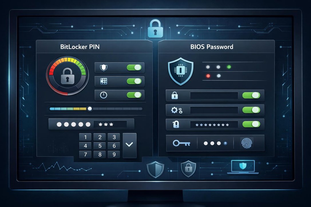 Security configuration dashboard showing BitLocker PIN and BIOS password settings