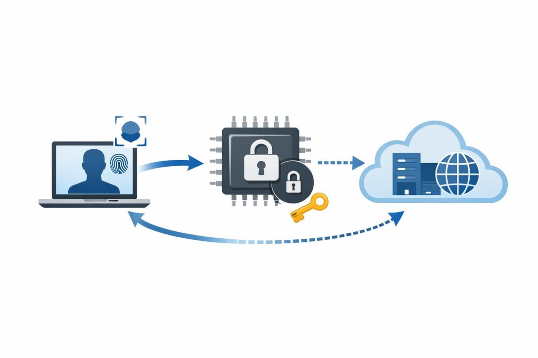 Windows Hello for Business authentication flow diagram showing user gesture, TPM, private key, and authentication to cloud services